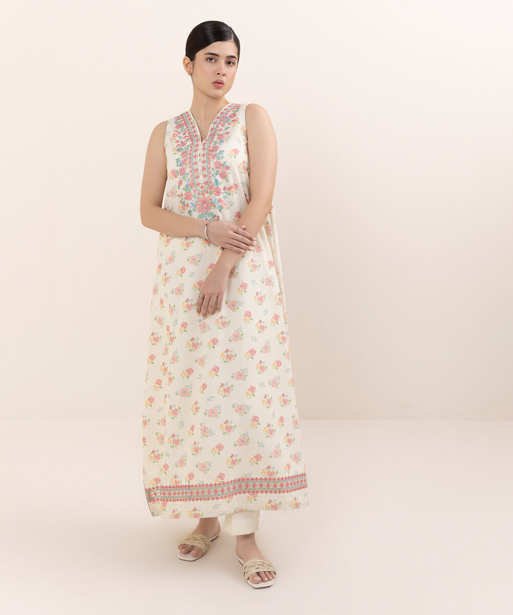 Women's Unstitched Cotton Embroidered Off White Two Piece Suit