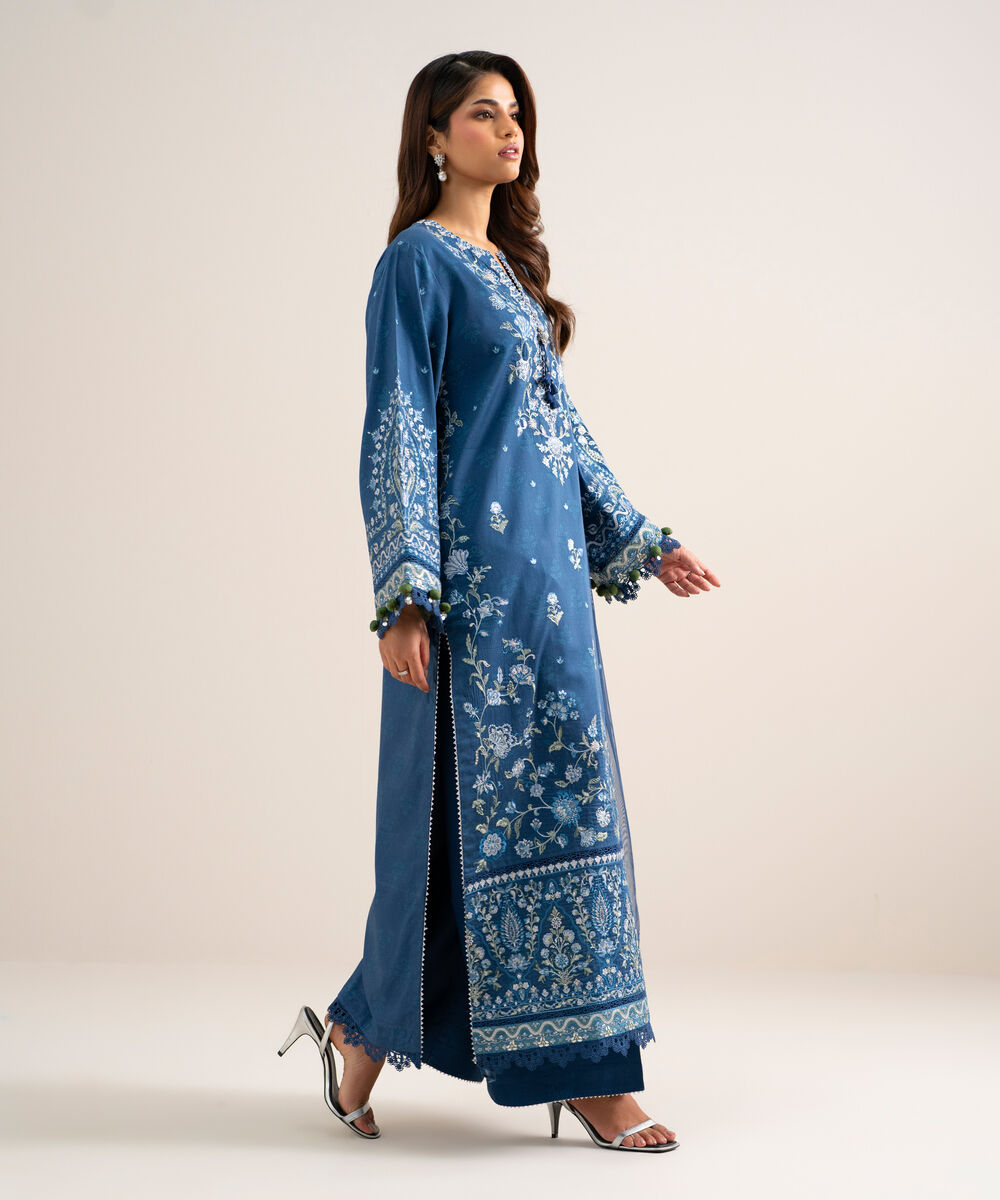 Women's Unstitched Fine Cotton Satin Embroidered Blue