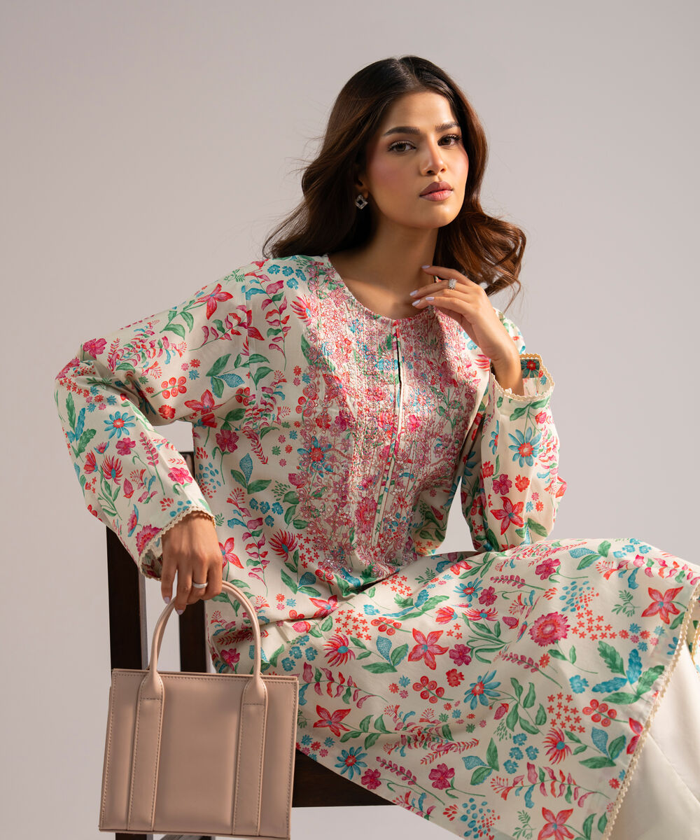 Women's RTW Lawn Embroidered Off White 2 Piece Suit