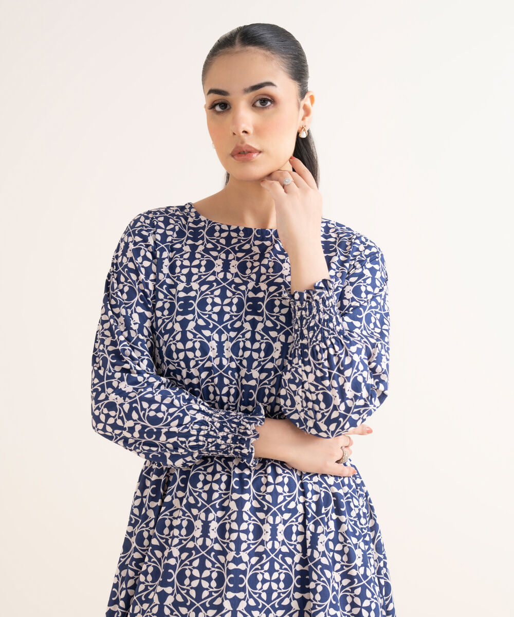 Women's RTW Cambric Printed Blue Dress