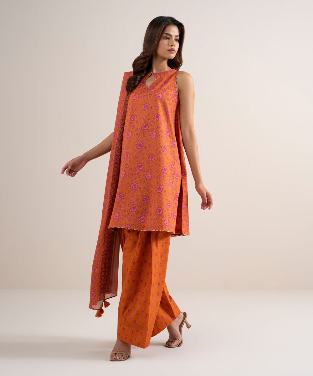 Women's Unstitched Lawn Printed Peach 3 Piece Suit