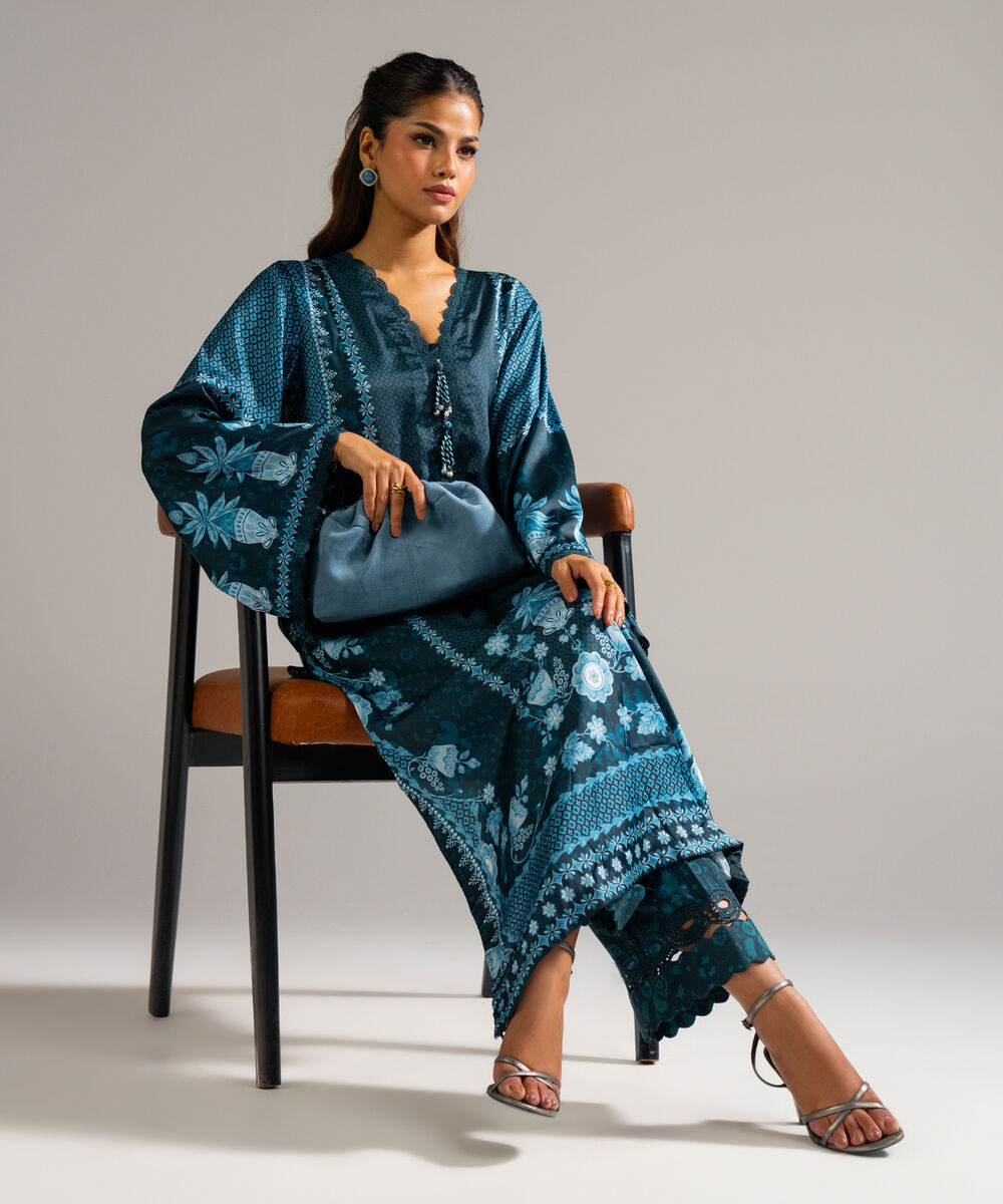 Women's RTW Blended Satin Printed Green 2 Piece Suit