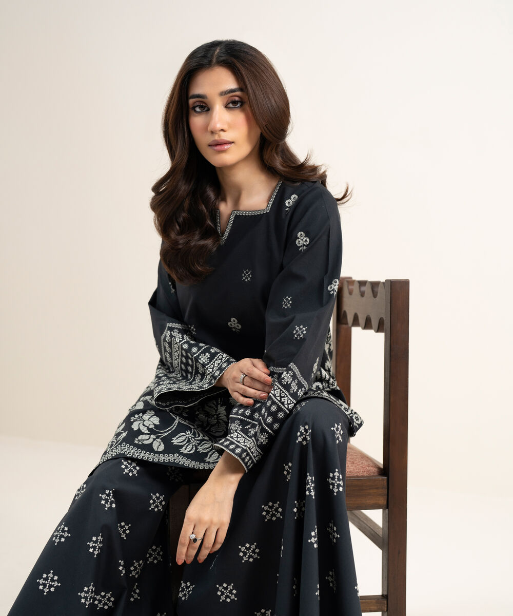 Women's Unstitched Lawn Printed Black and Off White 2 Piece Suit