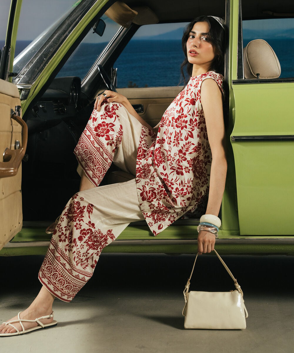 Women's RTW Slub Lawn Printed Cream White Straight Shirt