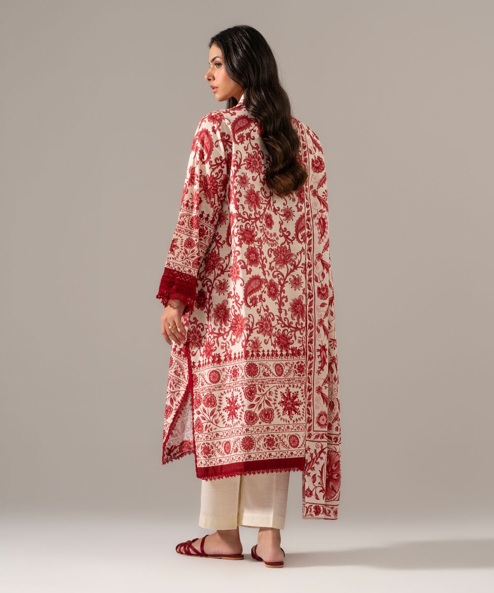 Women's RTW Khaddar Printed Off White 3 Piece Suit