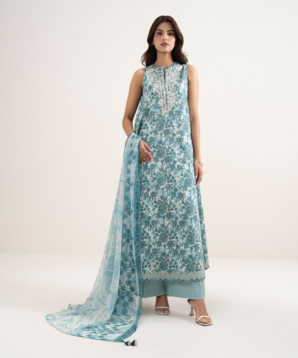 Women's Unstitched Lawn Blue Embroidered 3 Piece Suit