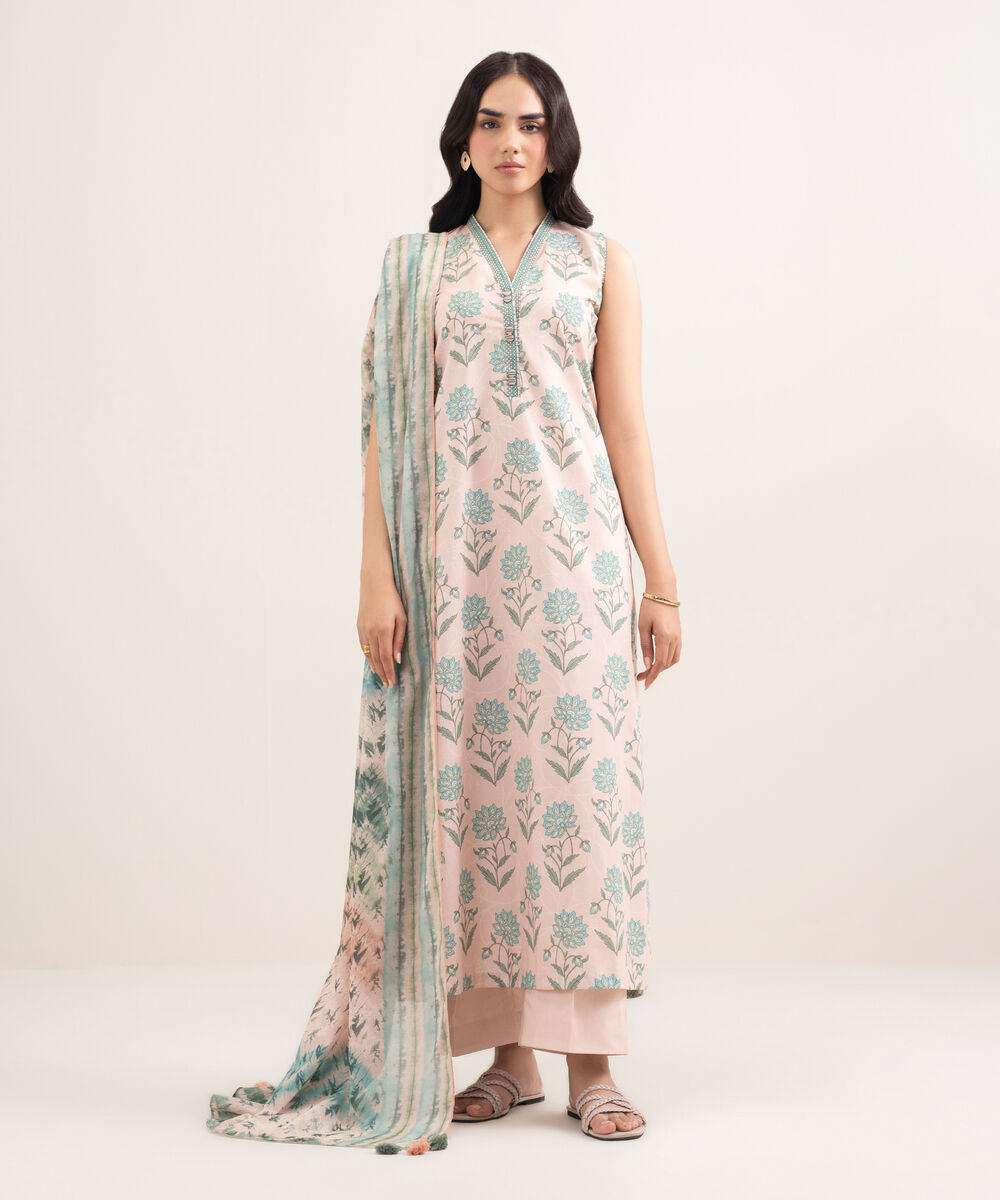 Women's Unstitched Lawn Printed Pink 3 Piece Suit