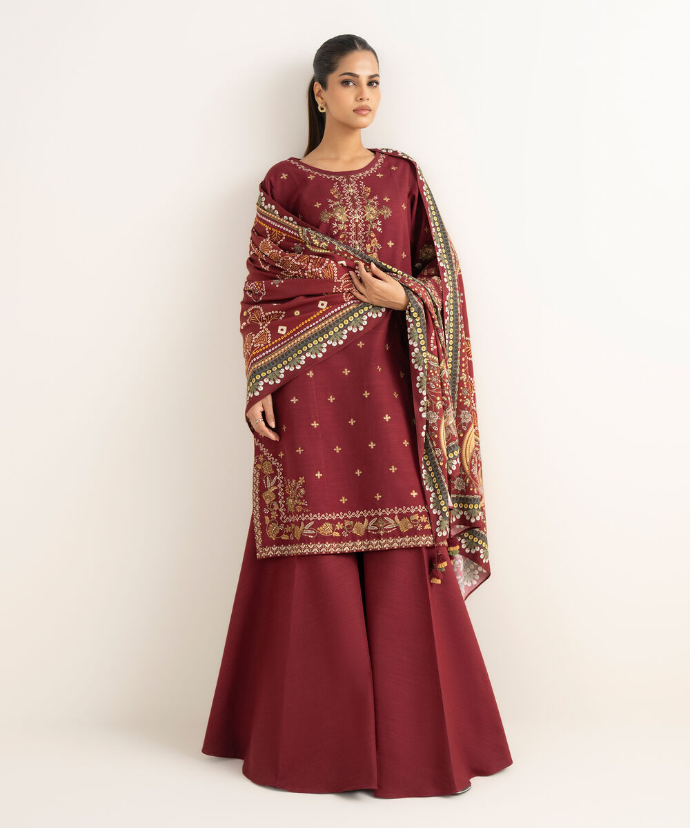 Women's Unstitched Light Khaddar Embroidered Red 3 Piece Suit