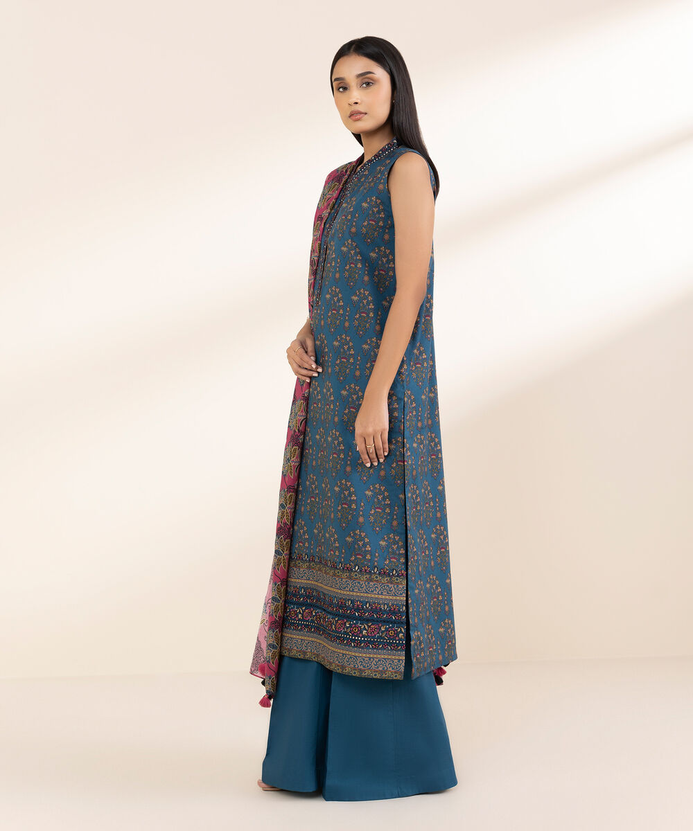 Women's Unstitched Lawn Embroidered Blue 3 Piece Suit