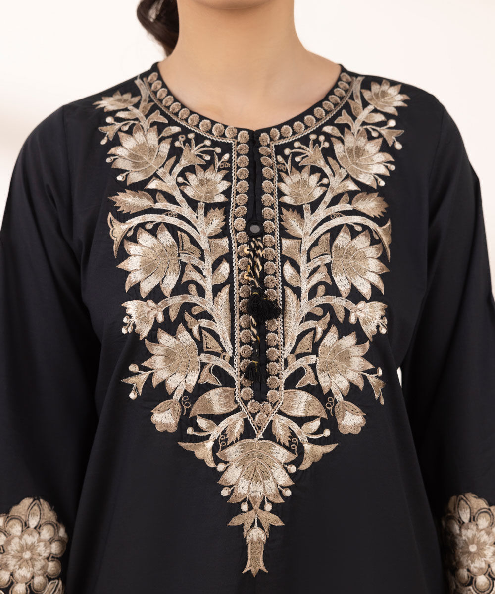 Women's RTW Textured Lawn Black Embroidered A-Line Shirt