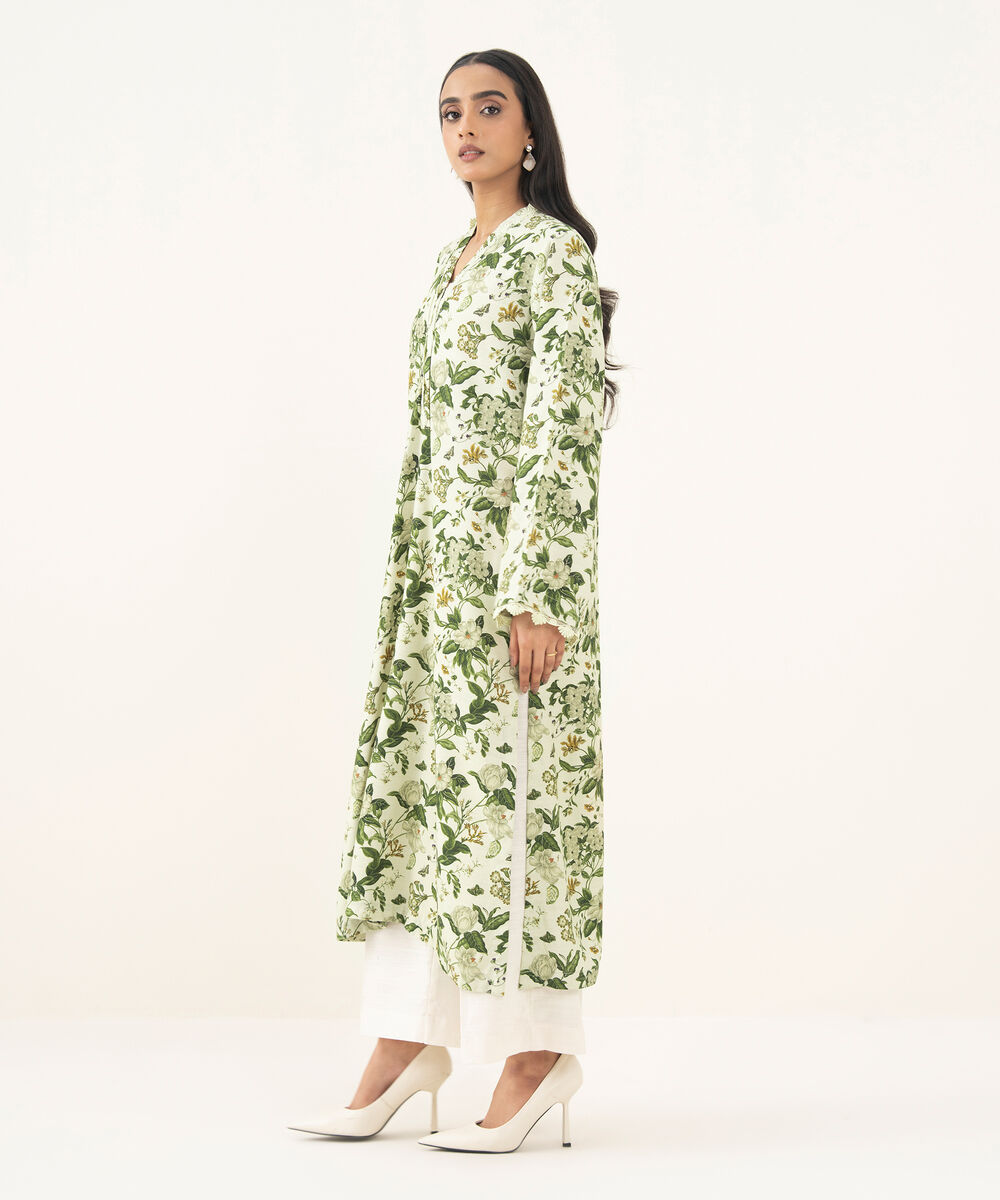Women's RTW Arabic Khaddar Printed A-Line White Shirt