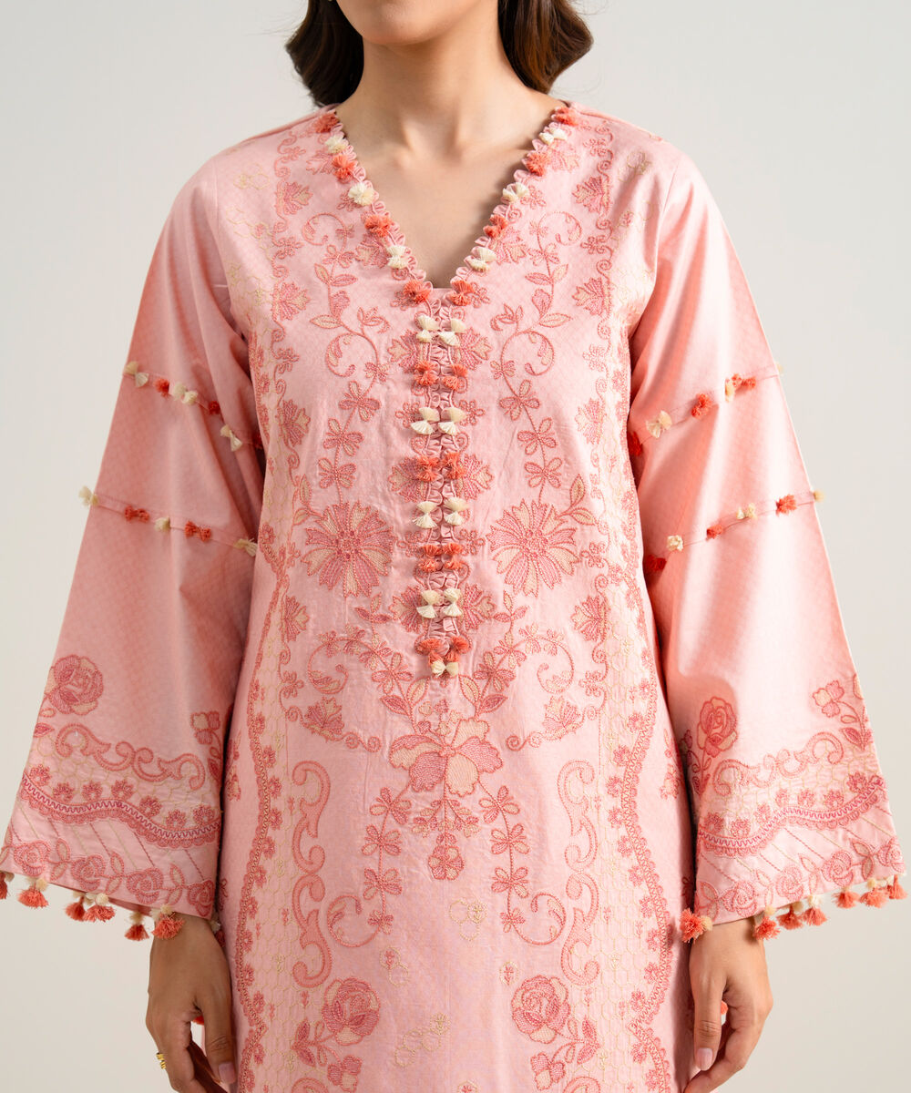 Women's Unstitched Embroidered Dobby Pink 3 Piece Suit