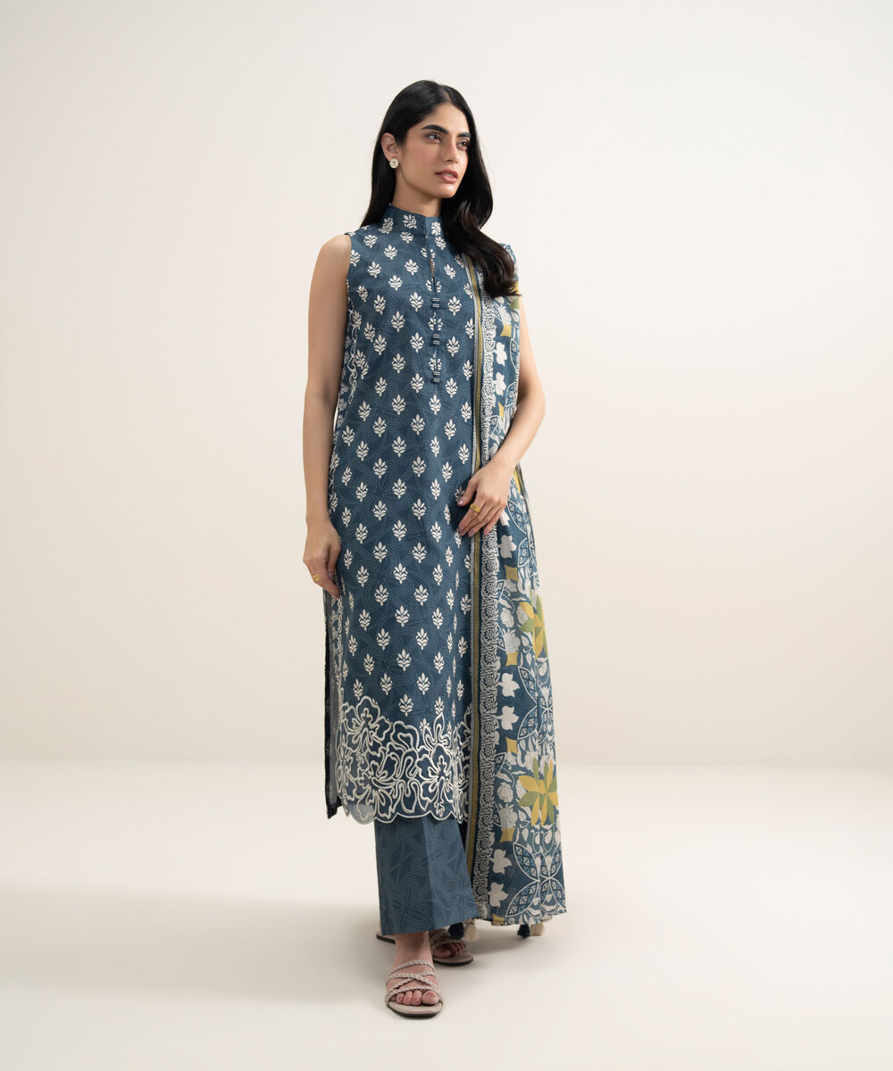 Women's Unstitched Lawn Embroidered Blue 3 Piece Suit