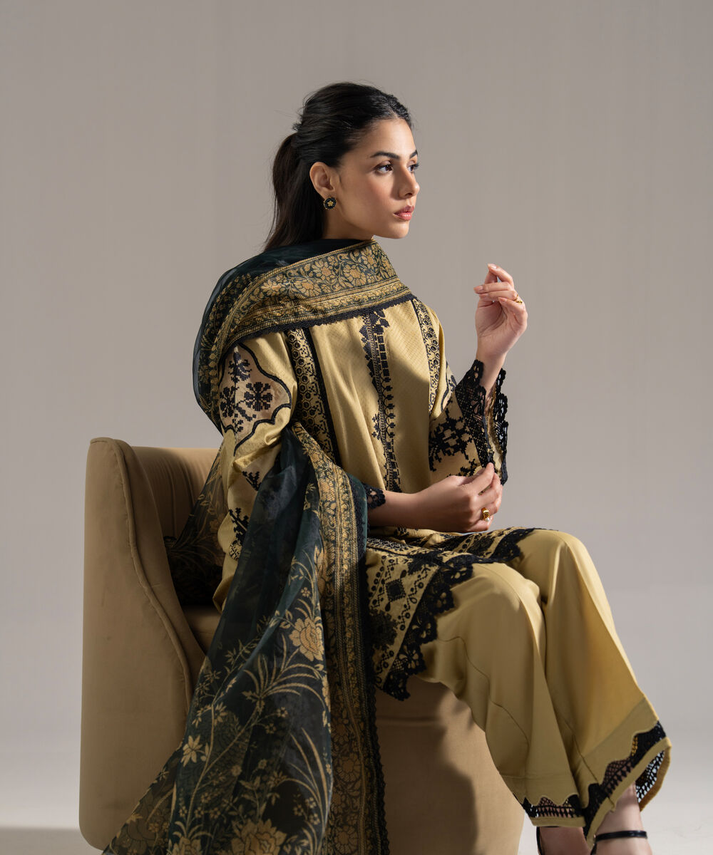 Women's RTW Fine Voil Solid Embroidered Beige 3 Piece Suit