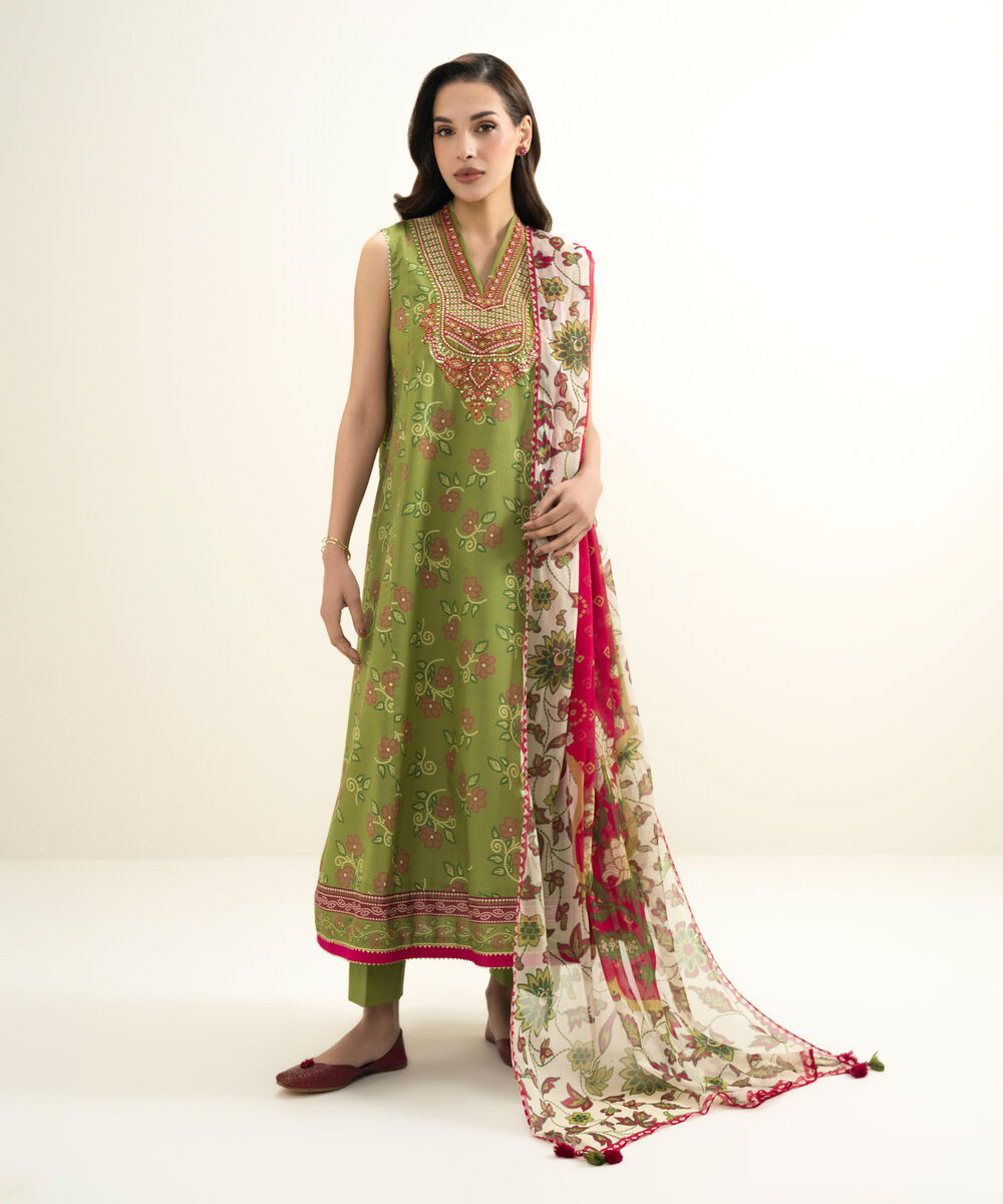 Women's Unstitched Lawn Embroidered Green 3 Piece Suit