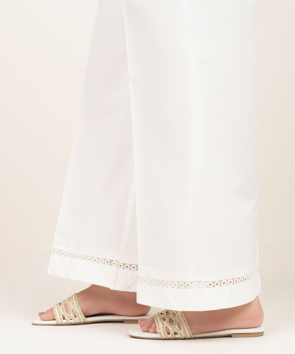 Women's RTW Viscose Raw Silk Solid White Straight Pants