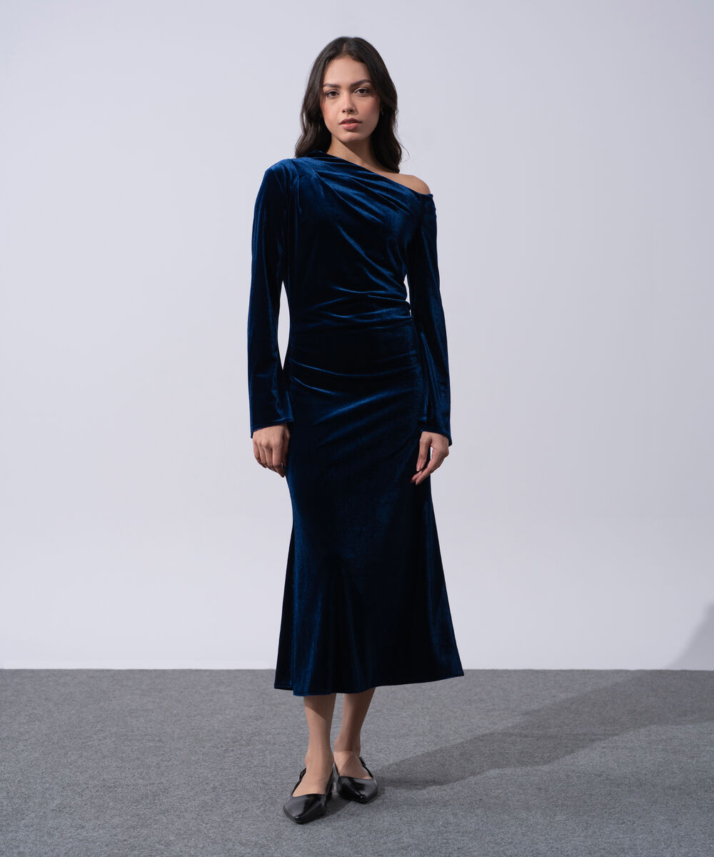 Women's Western Wear Blue Polyester Velvet Off-Shoulder Dress