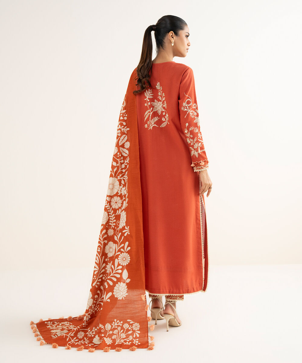 Women's Unstitched Dobby Embroidered Orange 3 Piece Suit