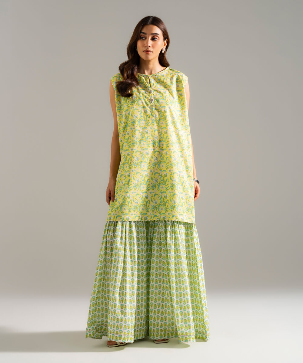 Women's RTW Slub Lawn Printed Green Straight Shirt