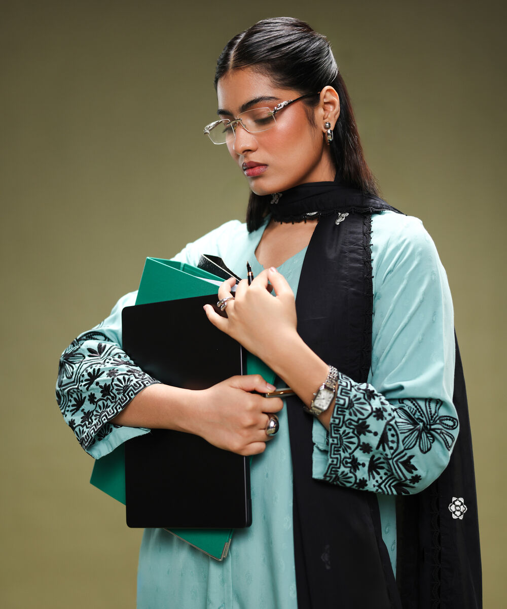 Women's RTW Cotton Jacquard Embroidered Blue A-Line Shirt