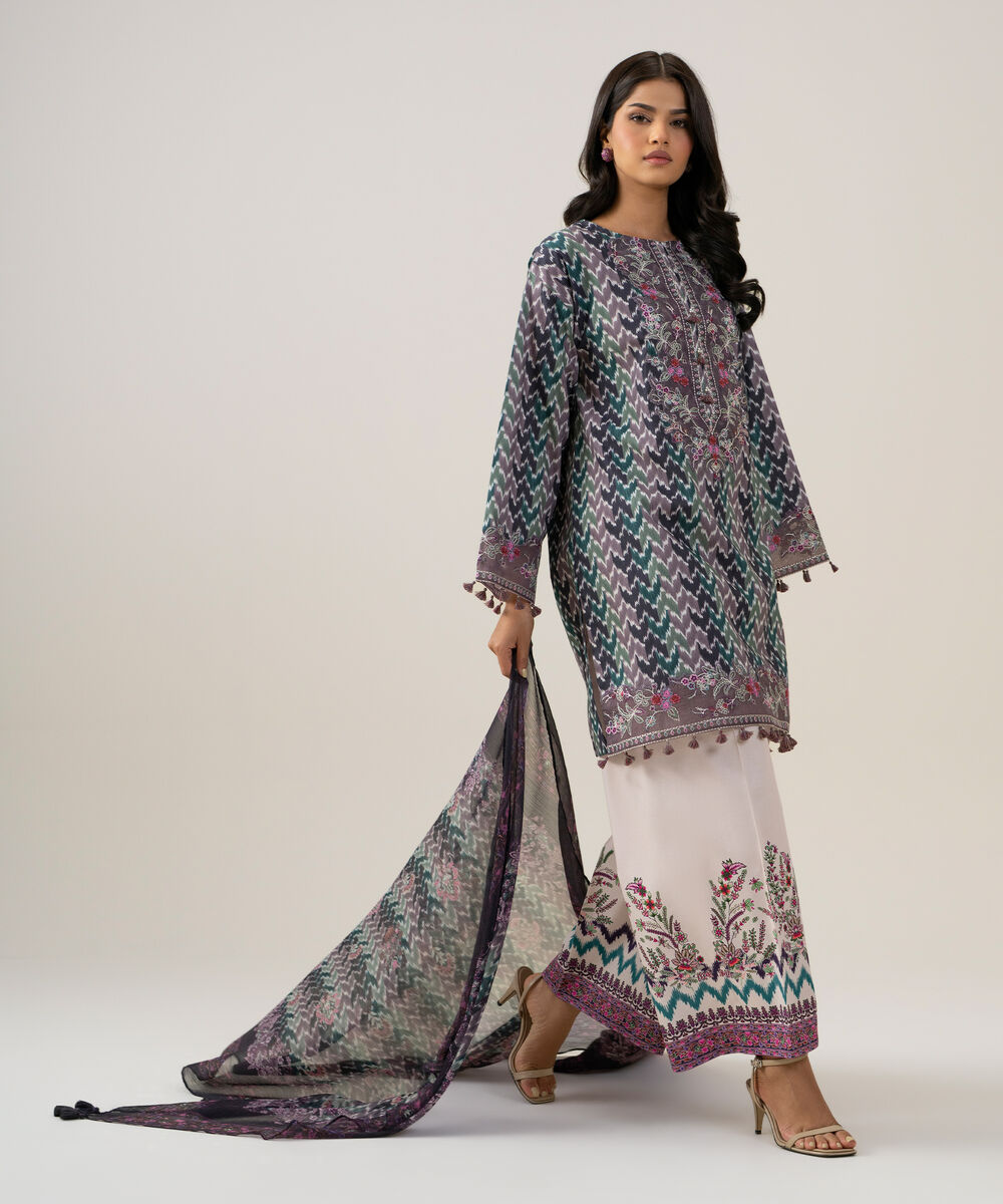 Women's Unstitched Blended Chiffon Printed Dark Green 3 Piece Suit