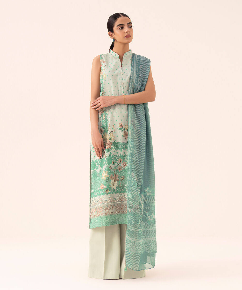 Women's Unstitched Cotton Viscose Embroidered Green 3 Piece Suit
