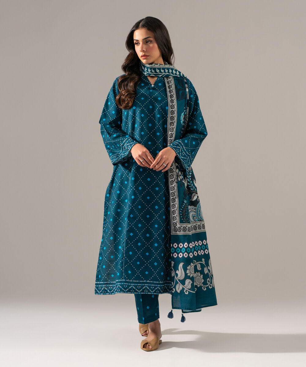 Women's RTW Khaddar Printed Teal 3 Piece Suit