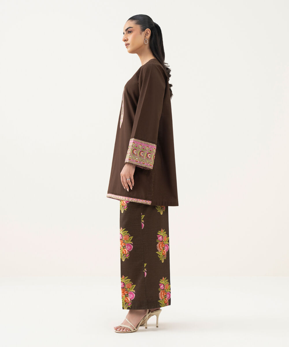 Women's RTW Light Khaddar Embroidered Brown Straight Shirt