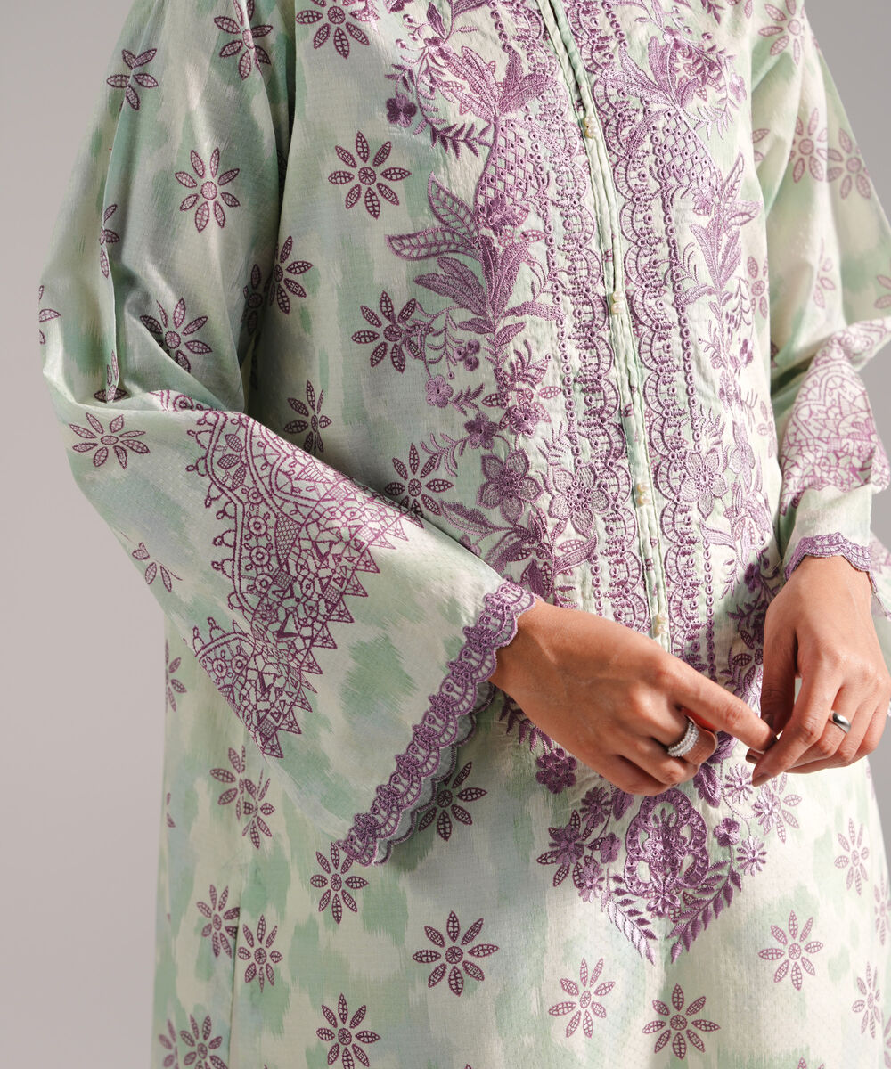 Women's RTW Dobby Embroidered Green 3 Piece Suit