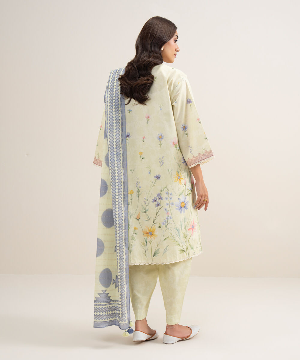 Women's Unstitched Zari Lawn Embroidered Lime Yellow 3 Piece Suit