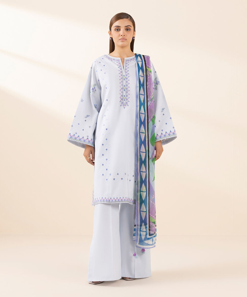 Women's Unstitched Lawn Embroidered Blue 3 Piece Suit