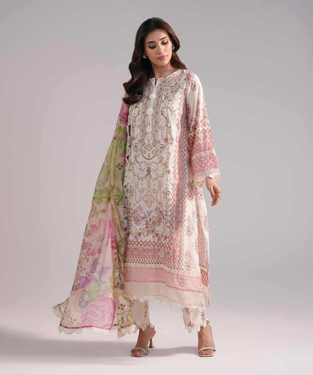 Women's RTW Lawn Embroidered Off White 3 Piece Suit