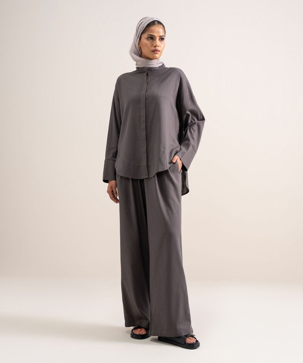 Women's Grey Loose-Fit  Pleated Pants