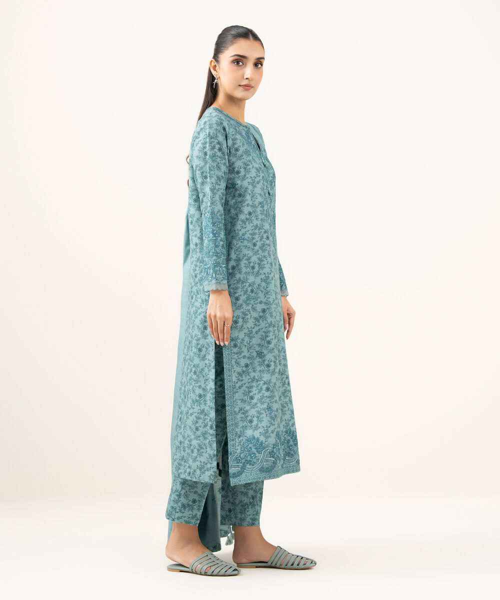 Women's Unstitched Cotton Embroidered Blue 3 Piece Suit