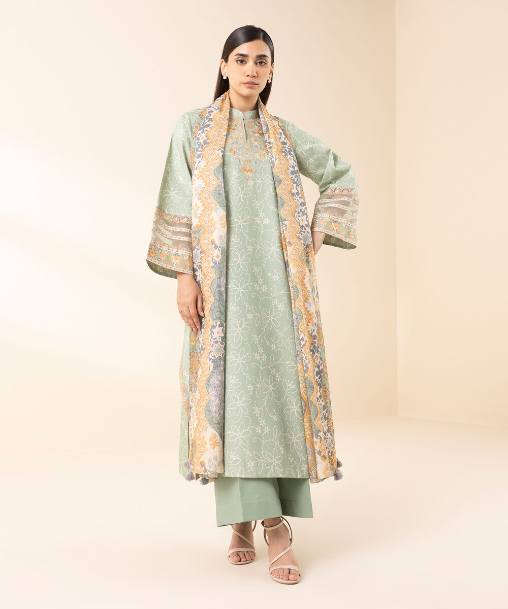 Women's Unstitched Lawn Embroidered Green 3 Piece Suit
