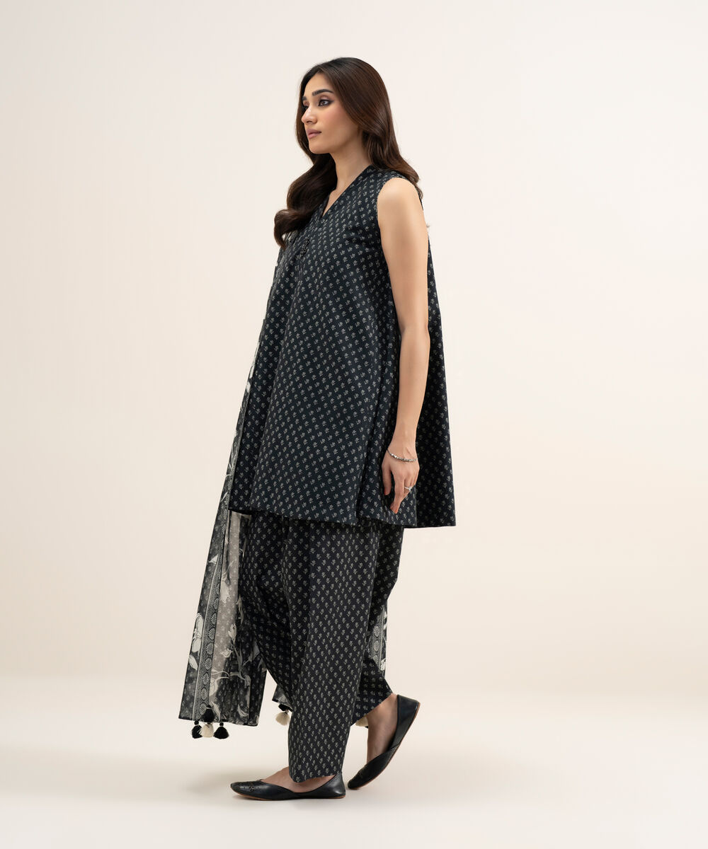 Women's Unstitched Lawn Printed Black and Off White 3 Piece Suit