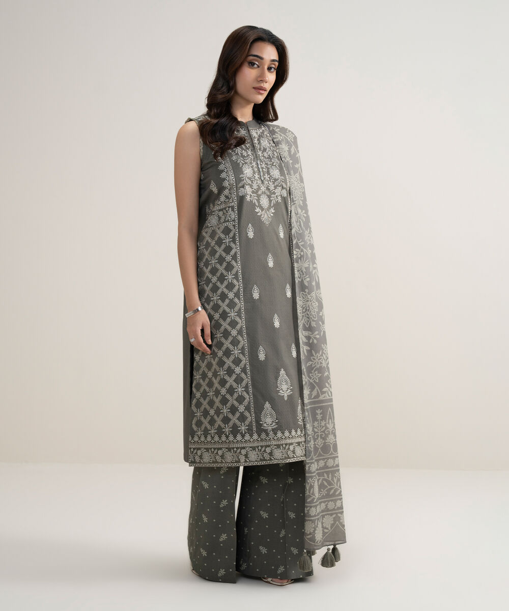Women's Unstitched Dobby Embroidered Grey 3 Piece Suit