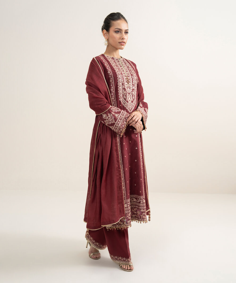 Women's Unstitched Cotton Jacquard Embroidered Red 3 Piece Suit