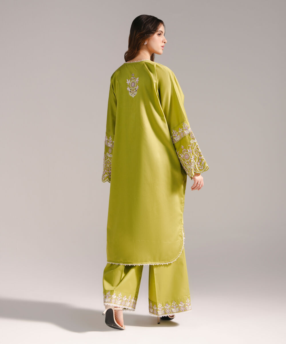 Women's RTW Cotton Satin Embroidered Straight Green Shirt