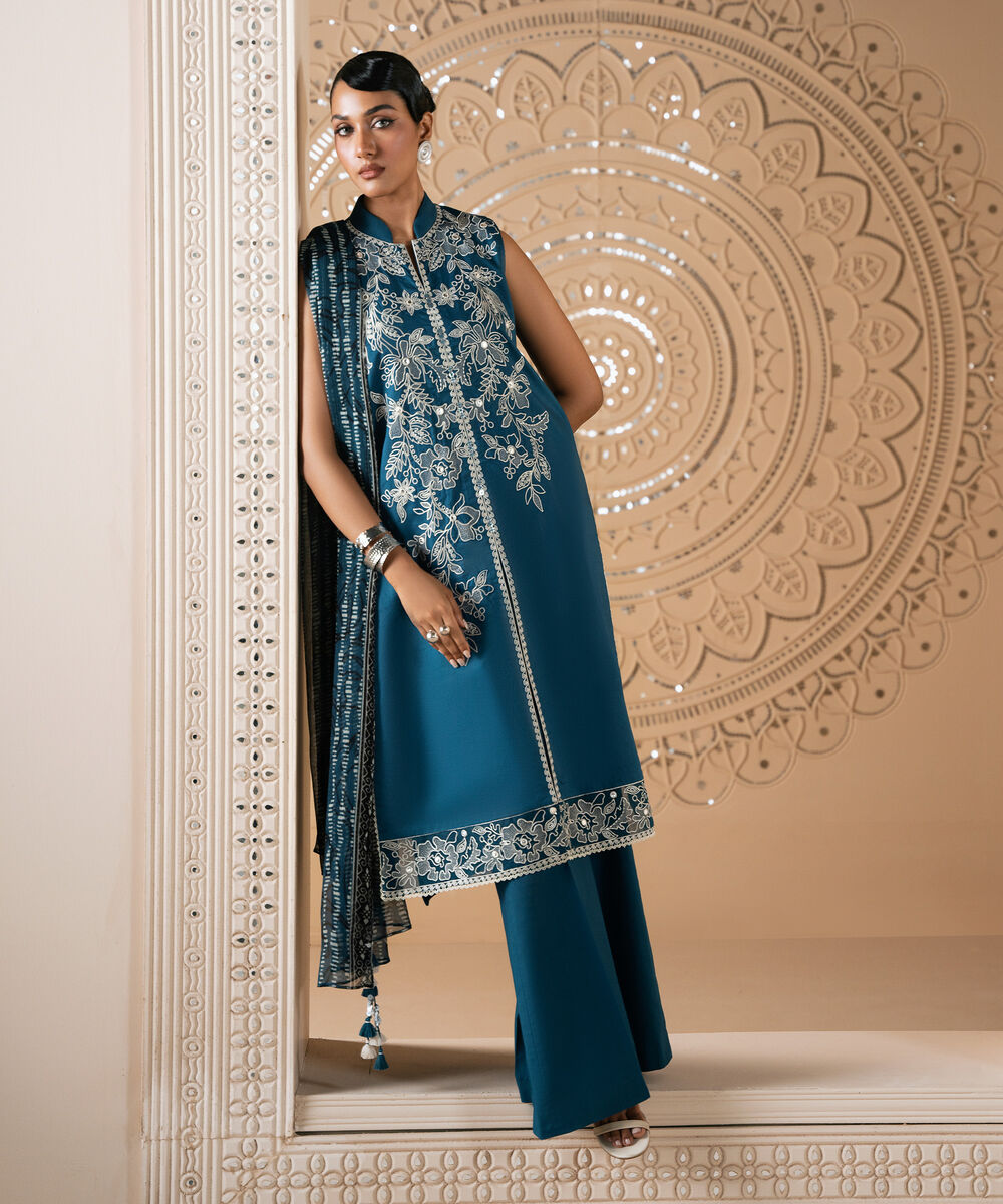Women's Unstitched Cotton Embroidered Blue 3 Piece Suit