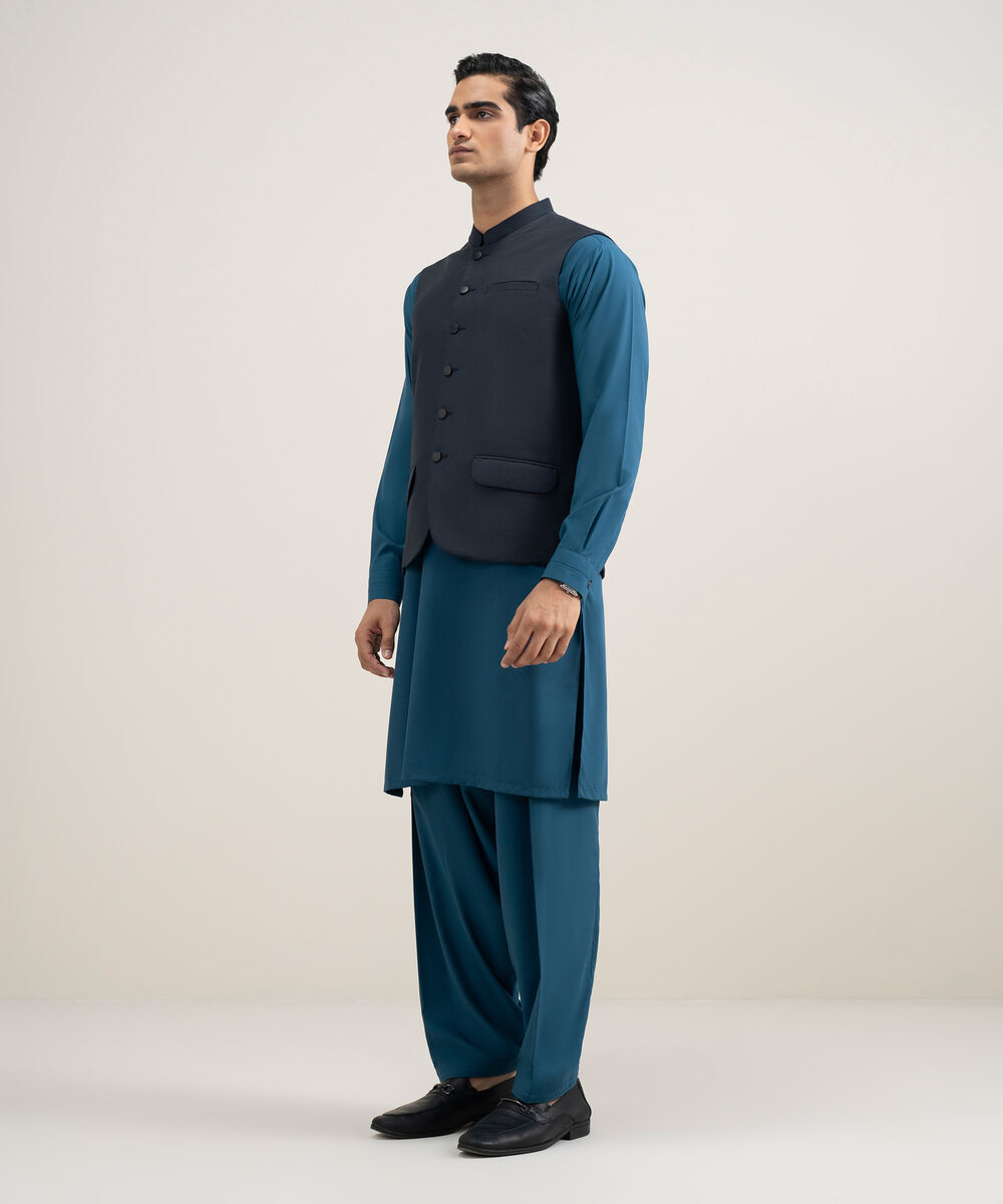 Men's Stitched Tropical Suiting Blue Waistcoat