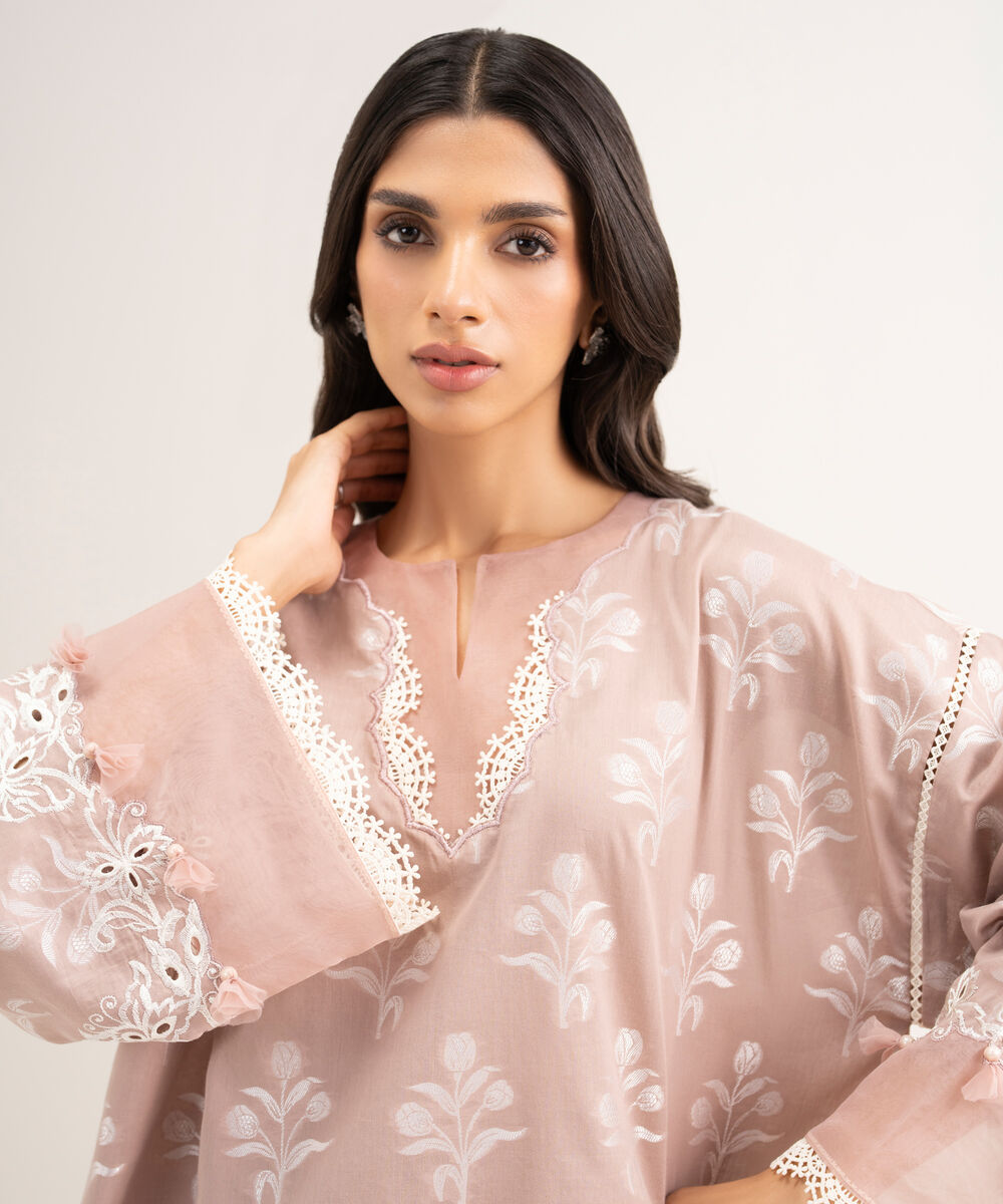 Women's RTW Self Jacquard Embroidered Beige 2 Piece Suit