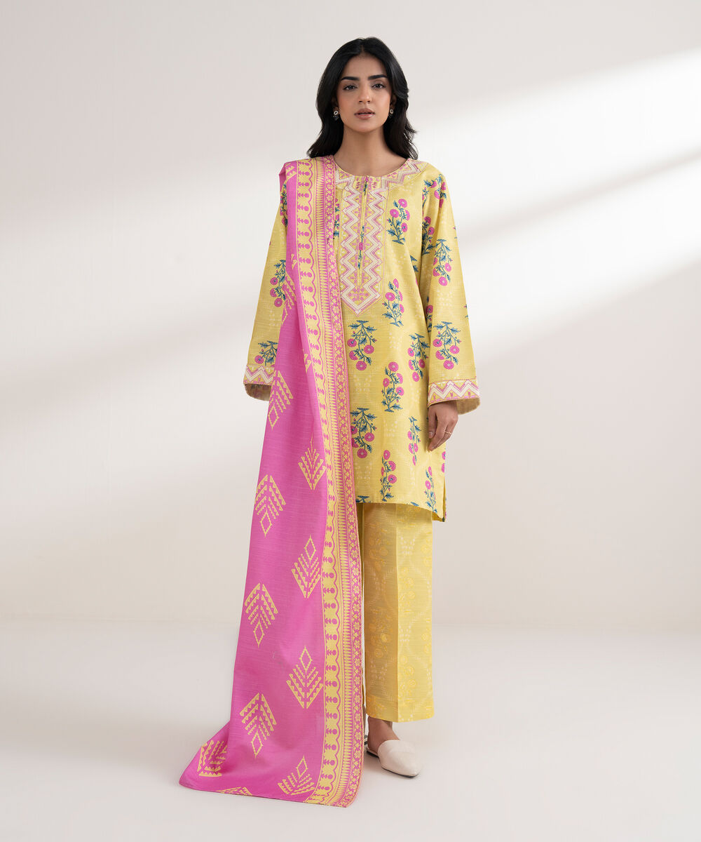 Women's RTW Light Khaddar Embroidered Yellow Straight Shirt