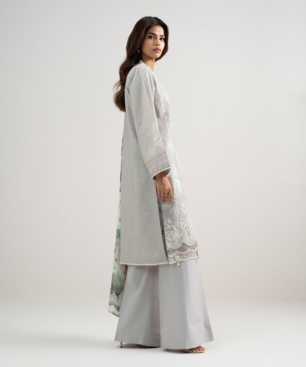 Women's Unstitched Cotton Jacquard Embroidered Lilac 3 Piece Suit