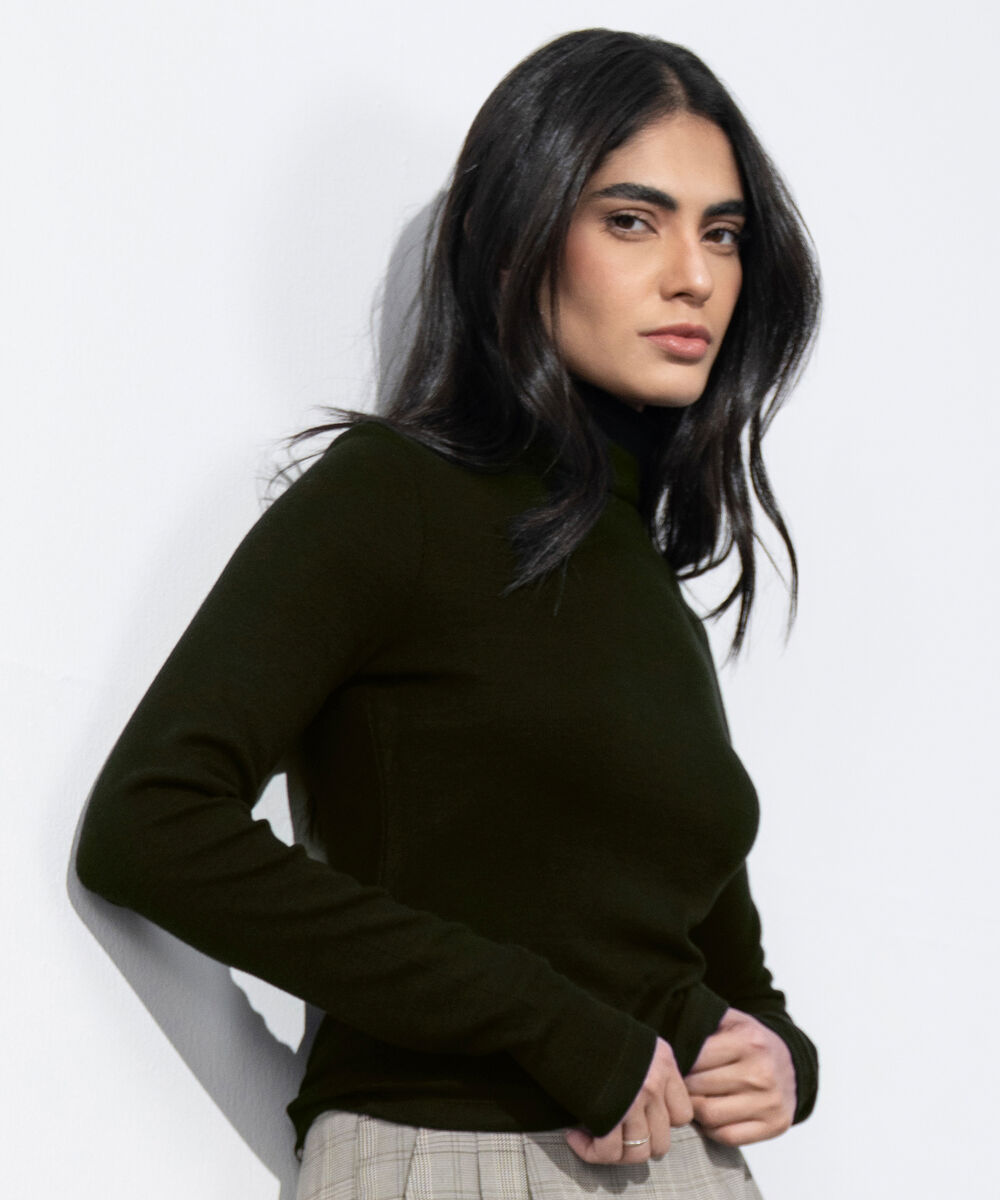 Women's Western Wear Olive Green Turtle Neck Ribbed Top
