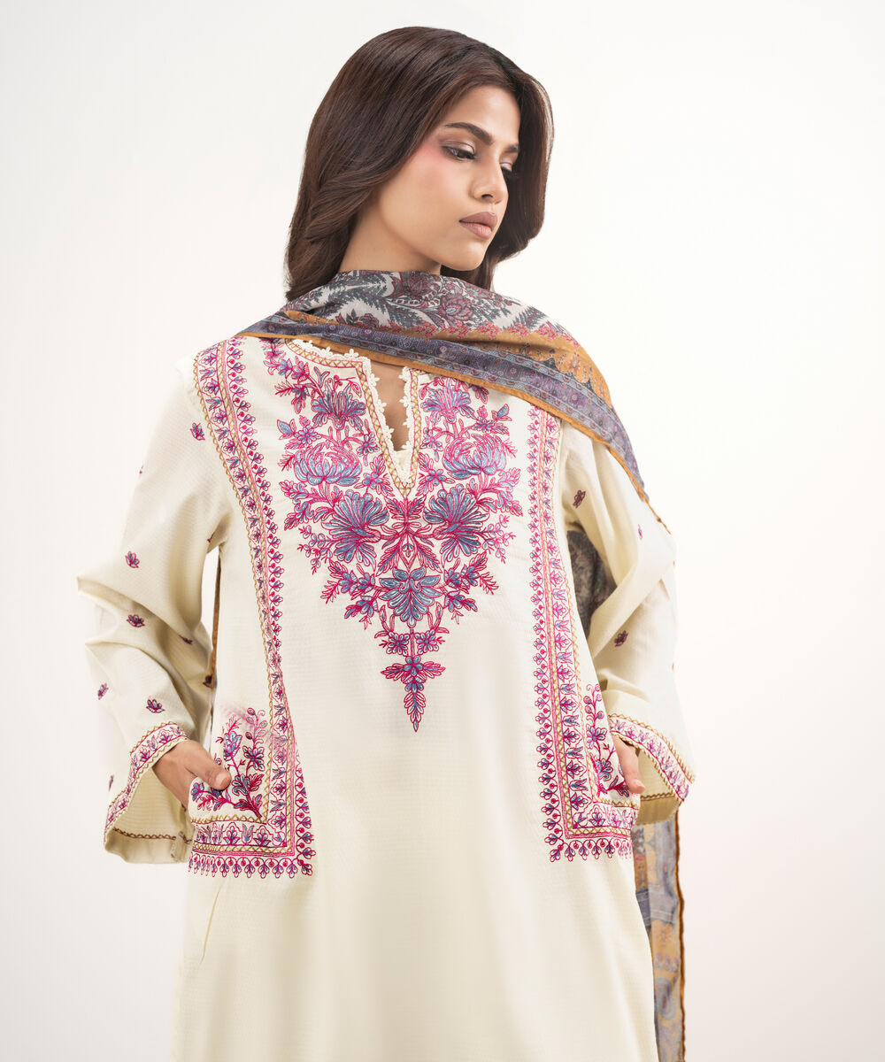 Women's RTW Dobby Embroidered Cream White 3 Piece Suit