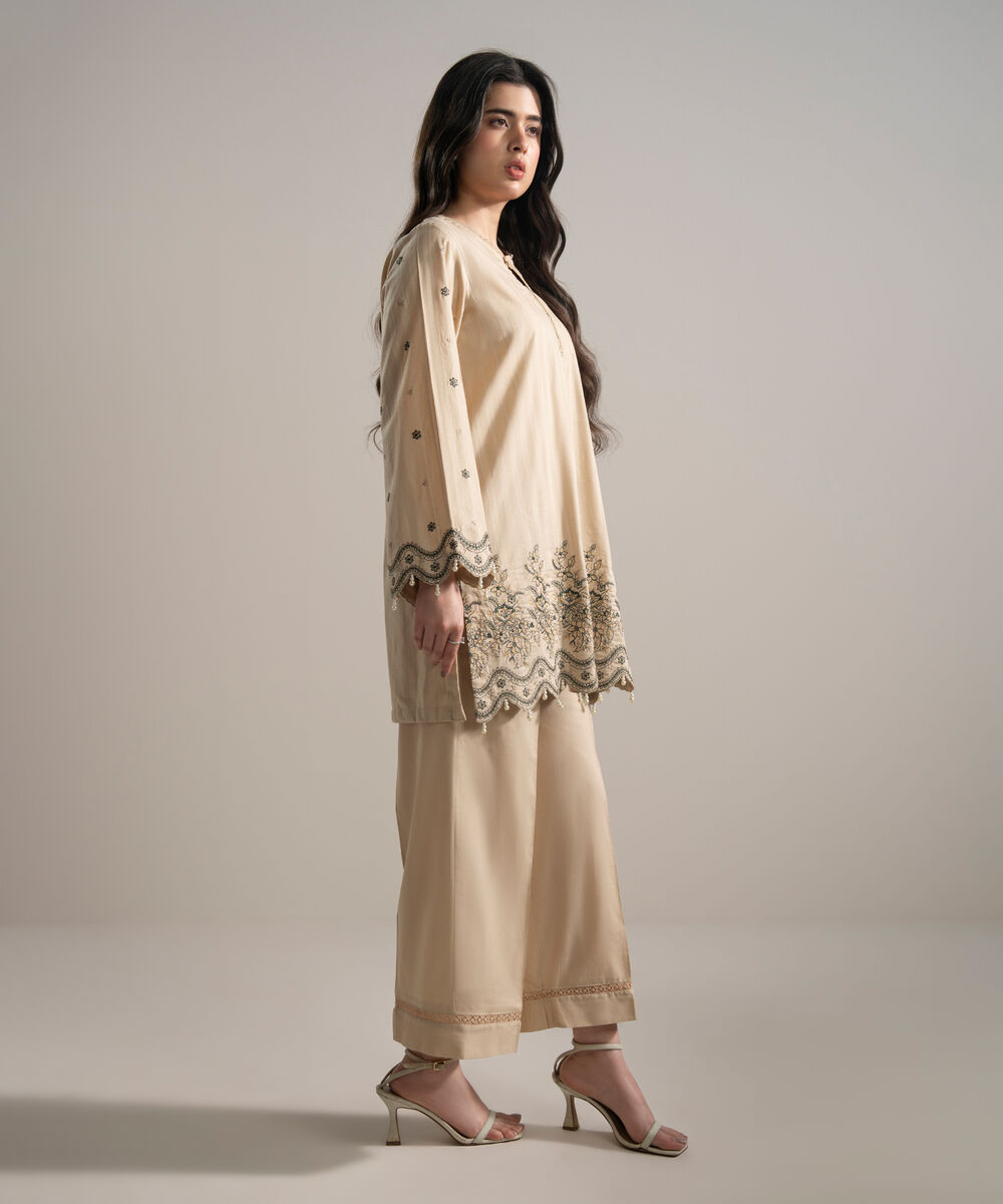 Women's RTW Leno Kara Embroidered Beige Straight Shirt