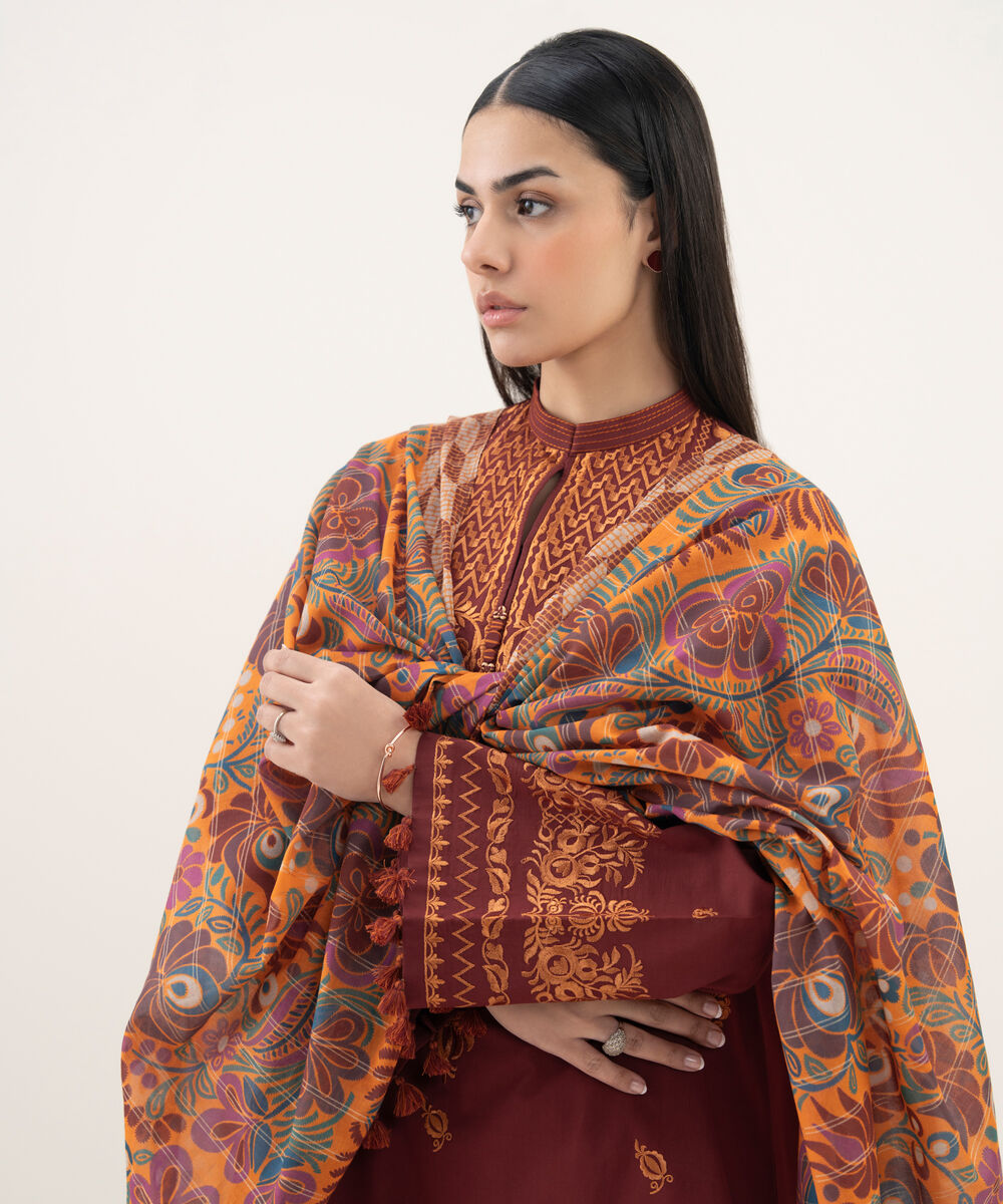 Women's Unstitched Cotton Viscose Embroidered Red 3 Piece Suit