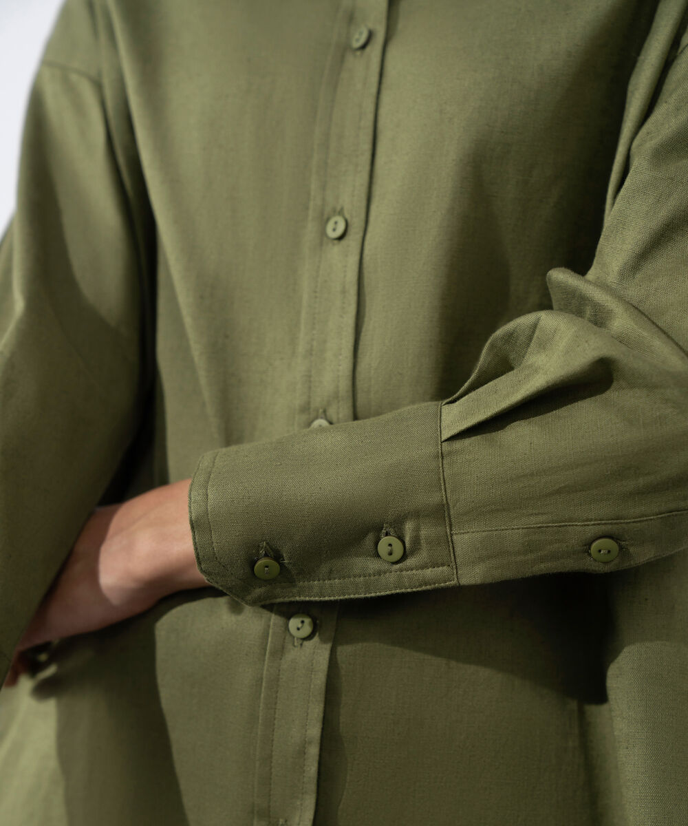 Women's Western Wear Green Loose Fit Linen Blend Shirt