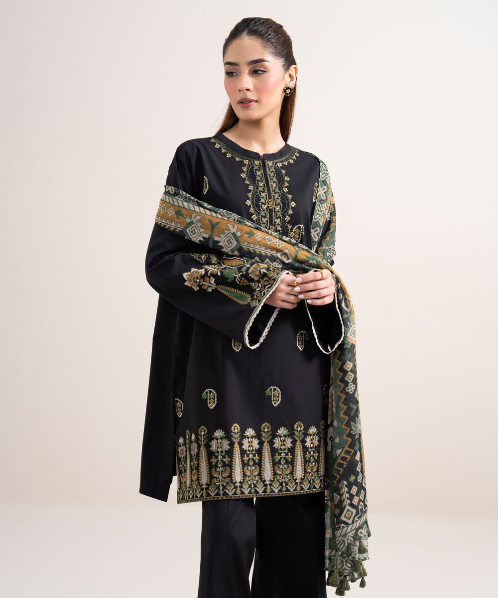 Women's Unstitched Dobby Embroidered Black 3 Piece Suit